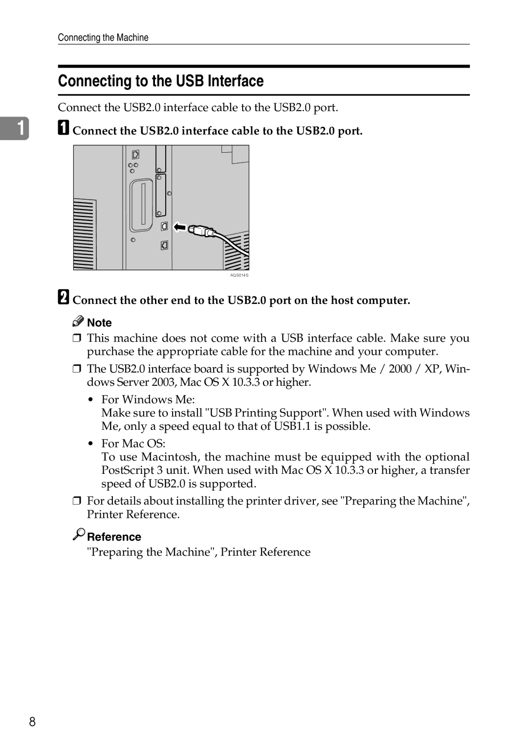 Ricoh LD435c operating instructions Connecting to the USB Interface, Connect the USB2.0 interface cable to the USB2.0 port 