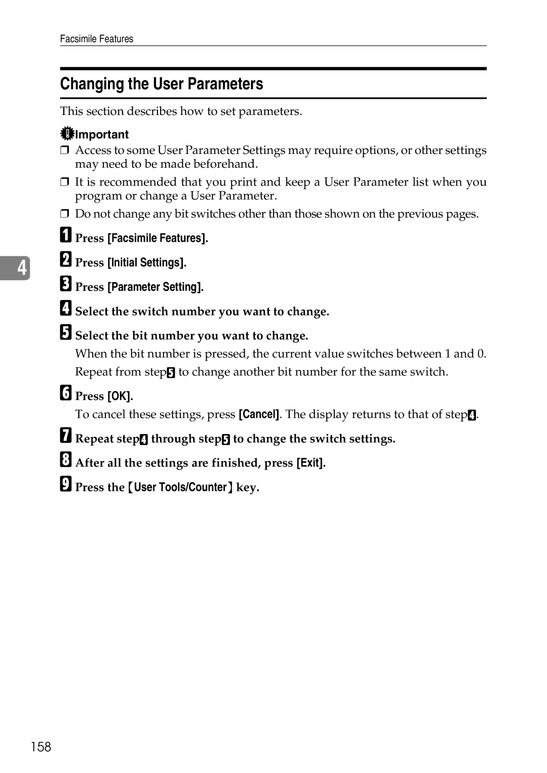 Ricoh LD435c operating instructions Changing the User Parameters, 158 