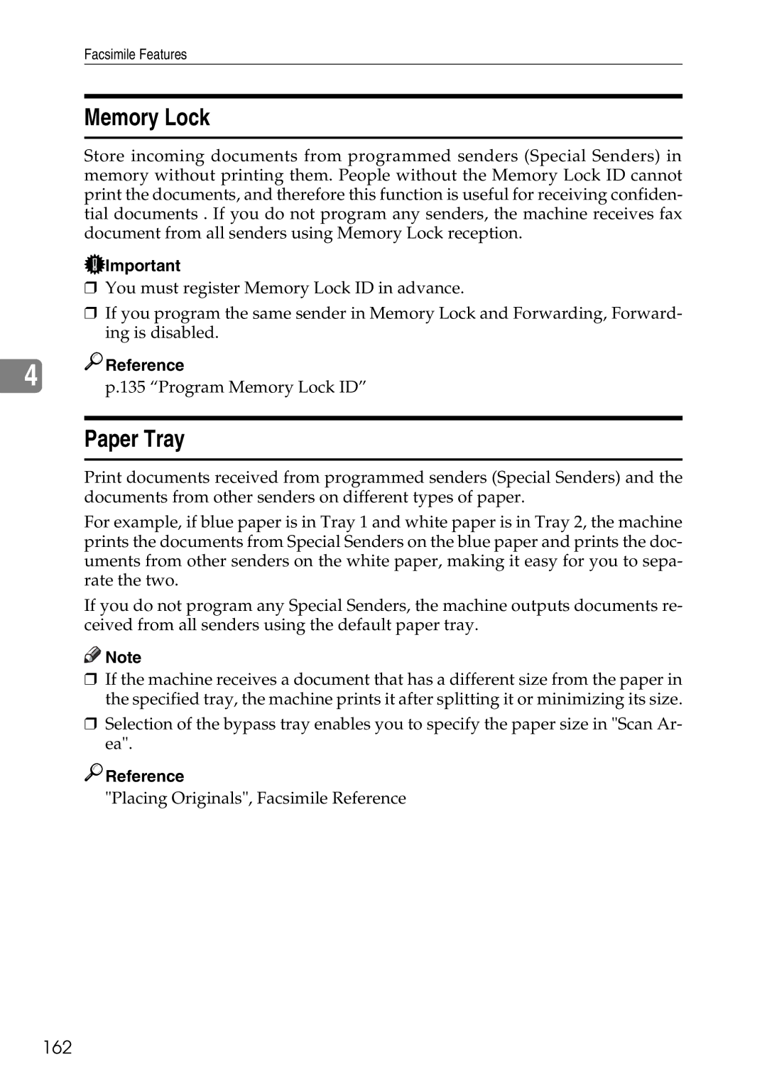 Ricoh LD435c operating instructions Memory Lock, Paper Tray, 162 