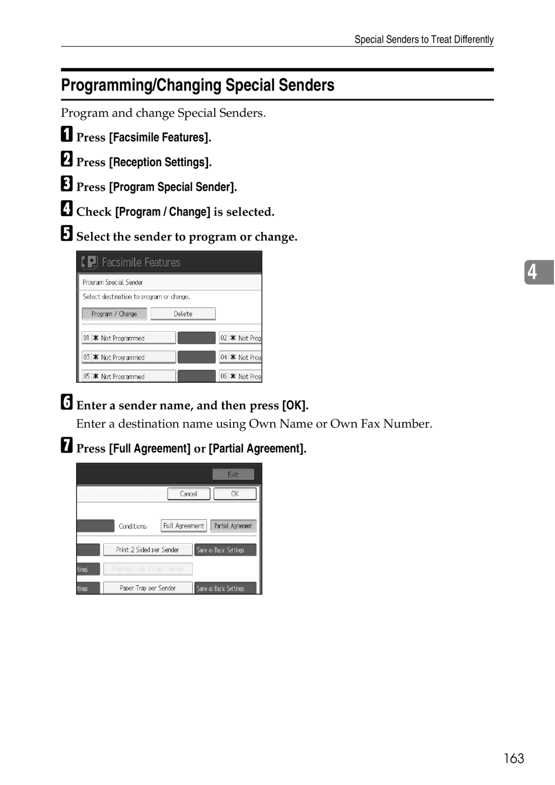 Ricoh LD435c operating instructions Programming/Changing Special Senders, 163, Press Full Agreement or Partial Agreement 