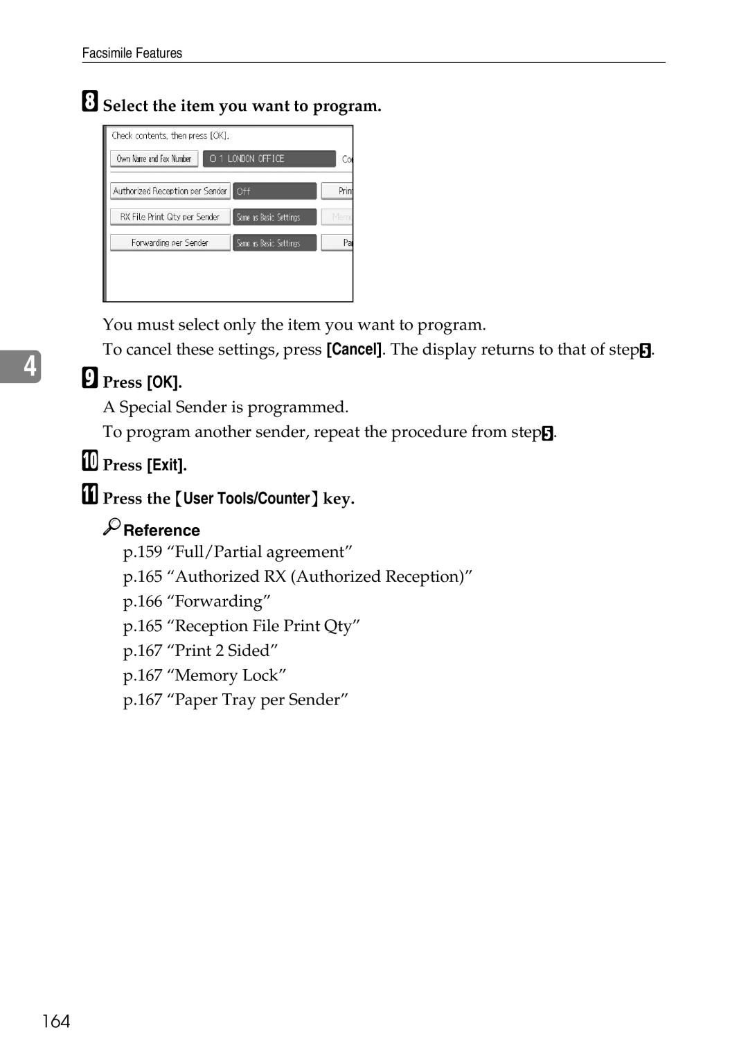 Ricoh LD435c operating instructions 164, Select the item you want to program 