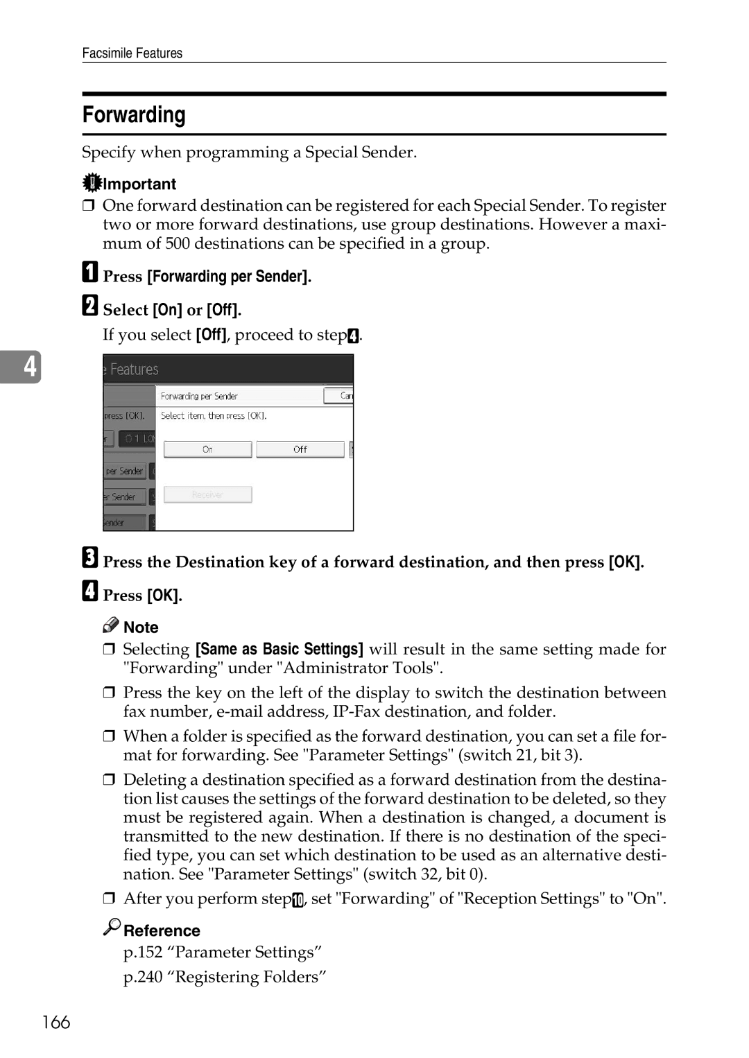 Ricoh LD435c operating instructions 166, Press Forwarding per Sender, Select On or Off 