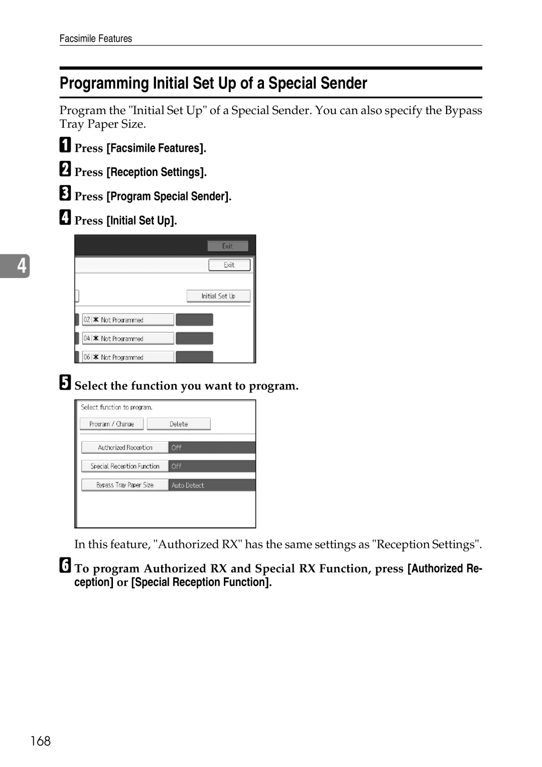 Ricoh LD435c Programming Initial Set Up of a Special Sender, 168, Select the function you want to program 