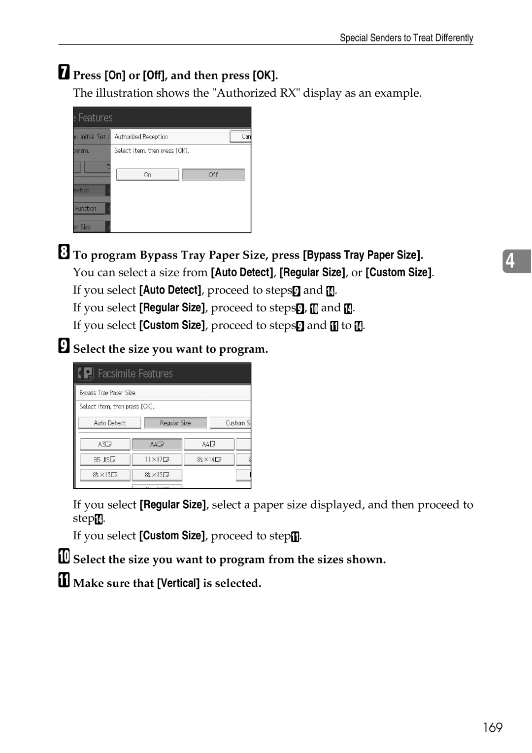 Ricoh LD435c operating instructions 169, Select the size you want to program 