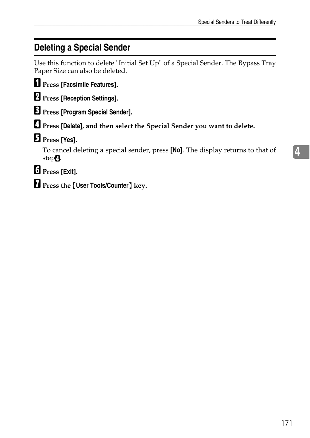 Ricoh LD435c operating instructions Deleting a Special Sender, 171 