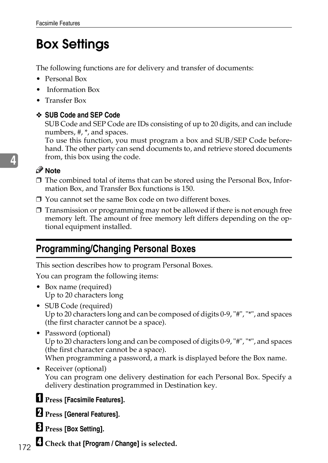 Ricoh LD435c operating instructions Box Settings, Programming/Changing Personal Boxes, SUB Code and SEP Code 