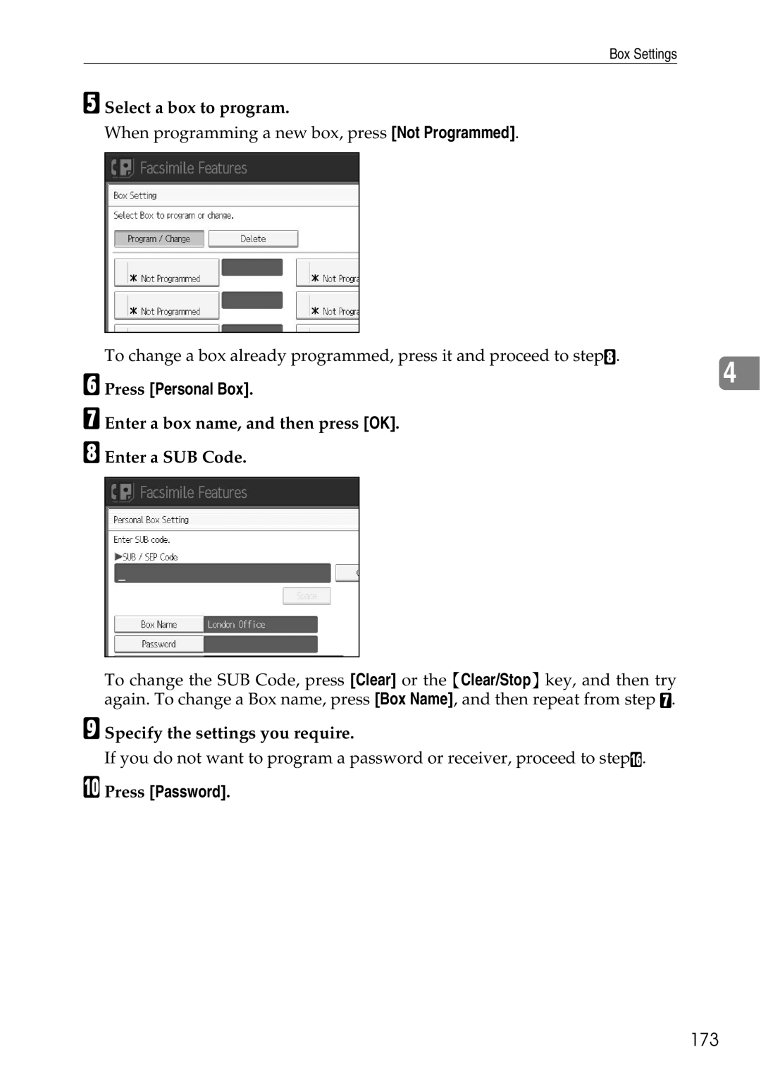 Ricoh LD435c operating instructions 173, Select a box to program, Specify the settings you require, Press Password 