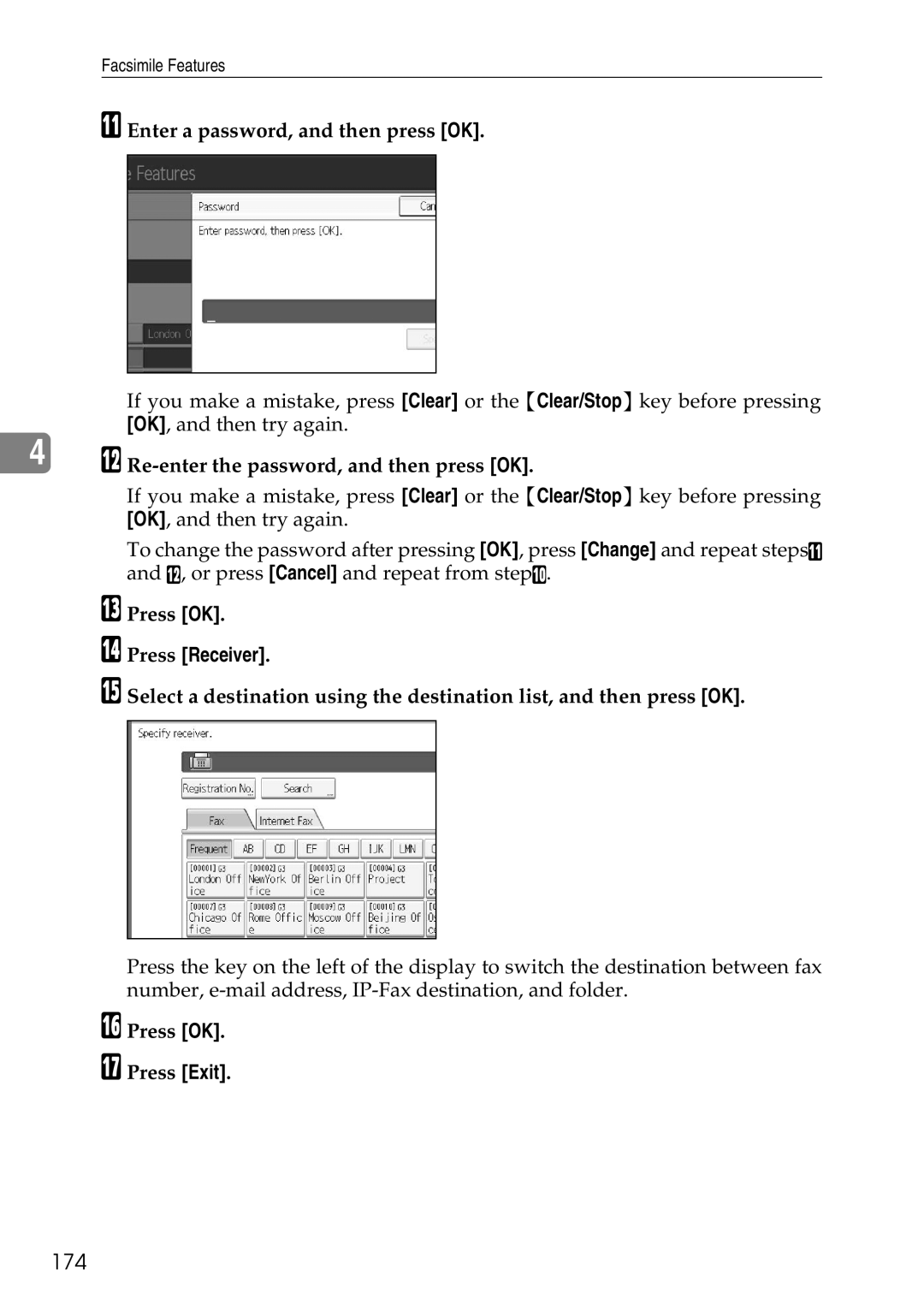 Ricoh LD435c 174, Enter a password, and then press OK, Re-enter the password, and then press OK, Press Receiver 