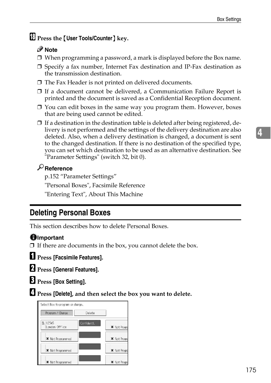 Ricoh LD435c operating instructions Deleting Personal Boxes, 175, Press Delete, and then select the box you want to delete 