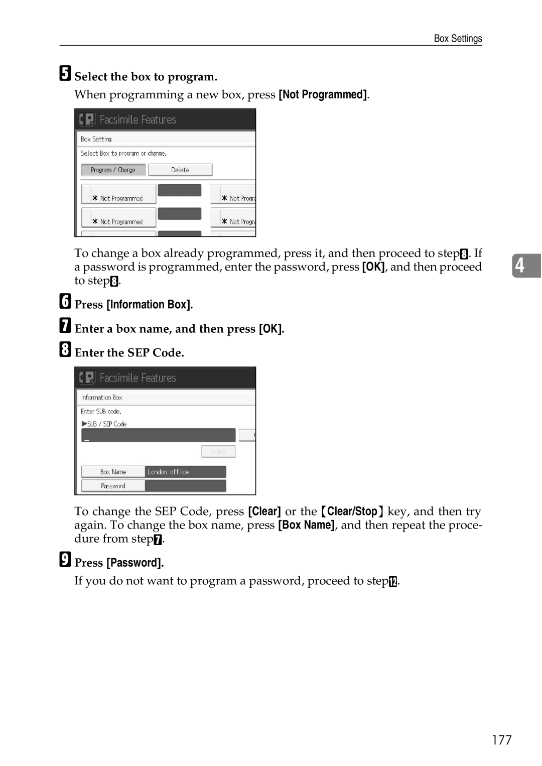 Ricoh LD435c 177, Select the box to program, Press Information Box, Enter a box name, and then press OK Enter the SEP Code 