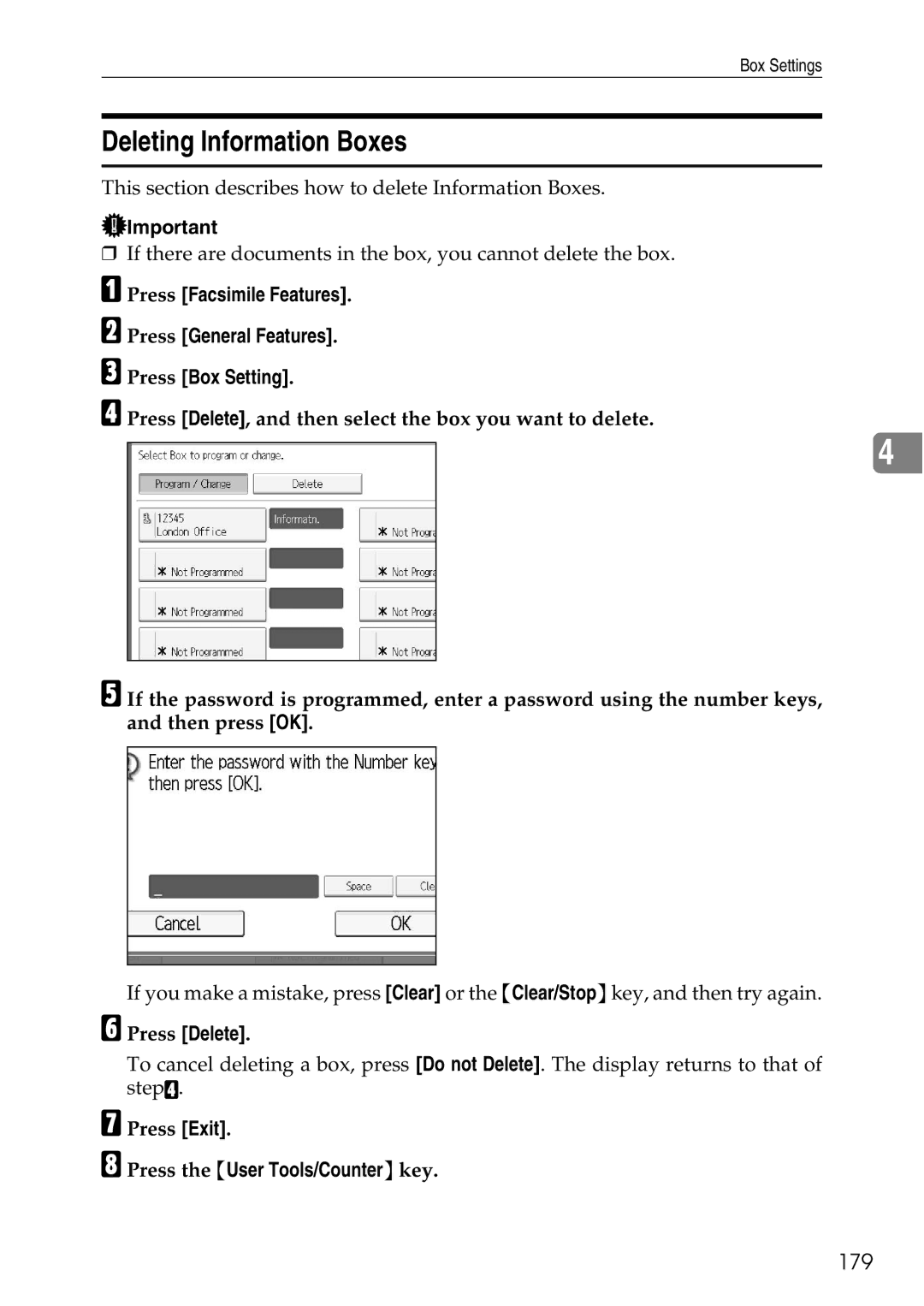 Ricoh LD435c operating instructions Deleting Information Boxes, 179 