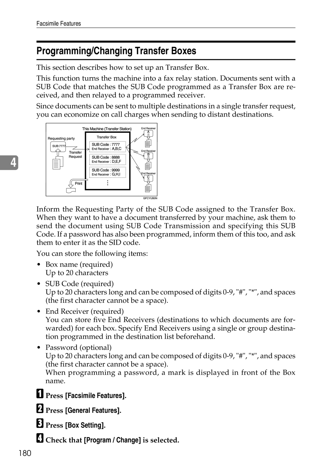 Ricoh LD435c operating instructions Programming/Changing Transfer Boxes, 180 