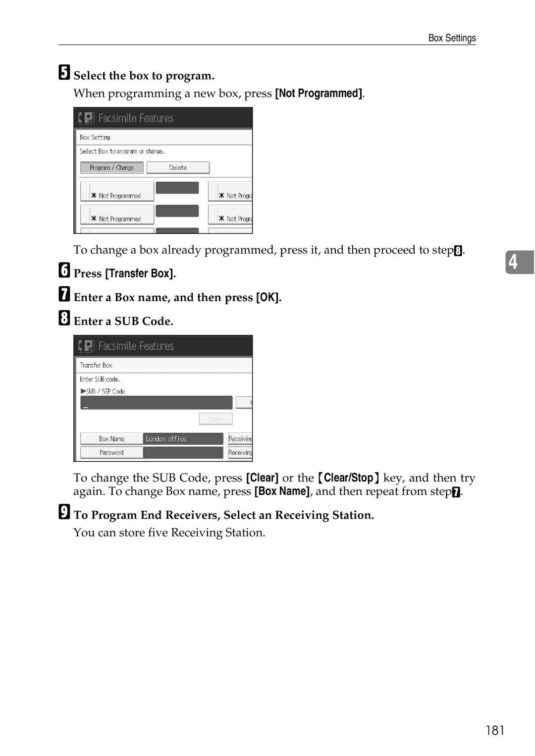 Ricoh LD435c operating instructions 181, Press Transfer Box, Enter a Box name, and then press OK Enter a SUB Code 