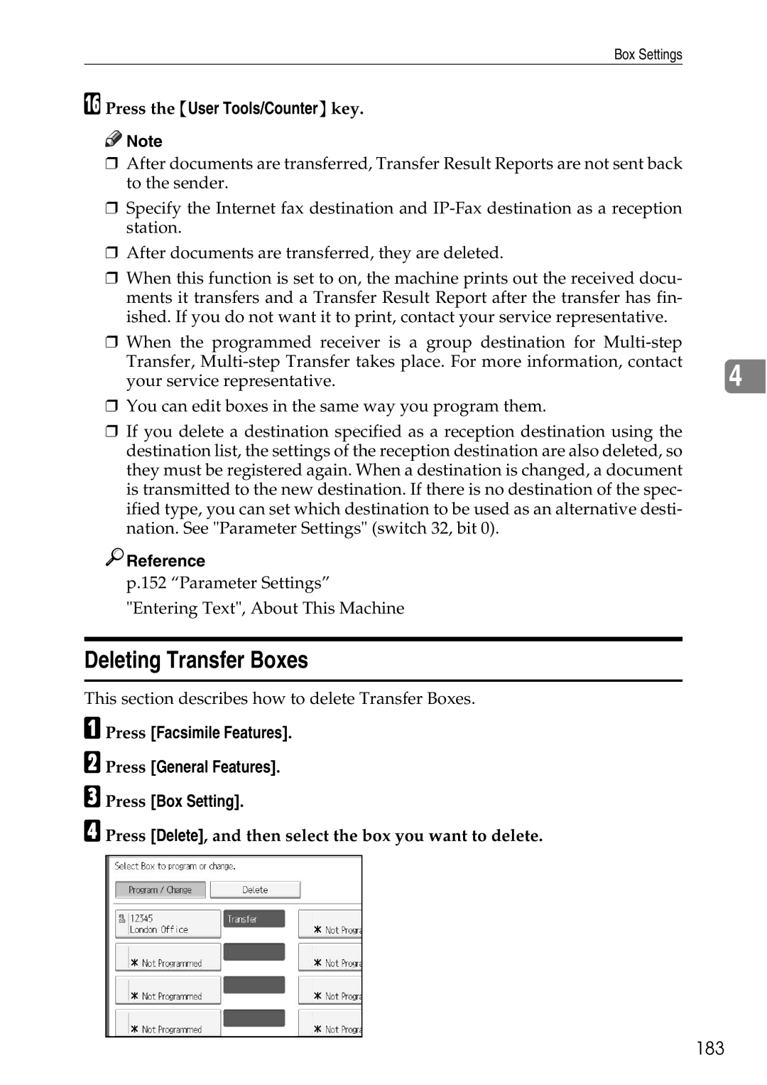 Ricoh LD435c operating instructions Deleting Transfer Boxes, 183 