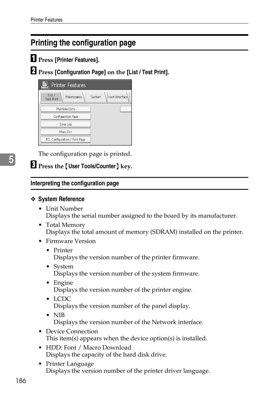 Ricoh LD435c operating instructions Printing the configuration, Interpreting the configuration System Reference, 186 