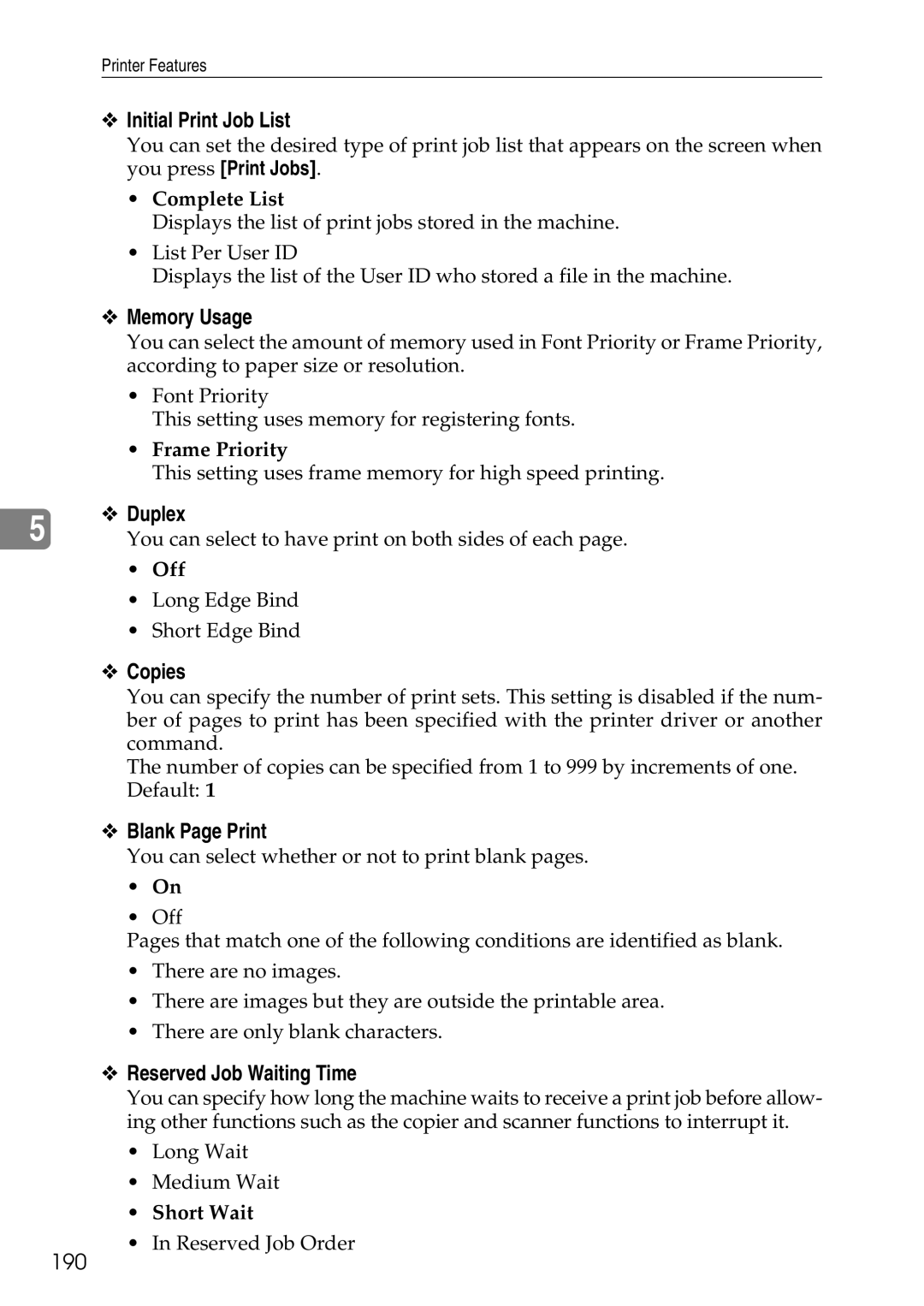 Ricoh LD435c Initial Print Job List, Memory Usage, Duplex, Copies, Blank Page Print, Reserved Job Waiting Time 