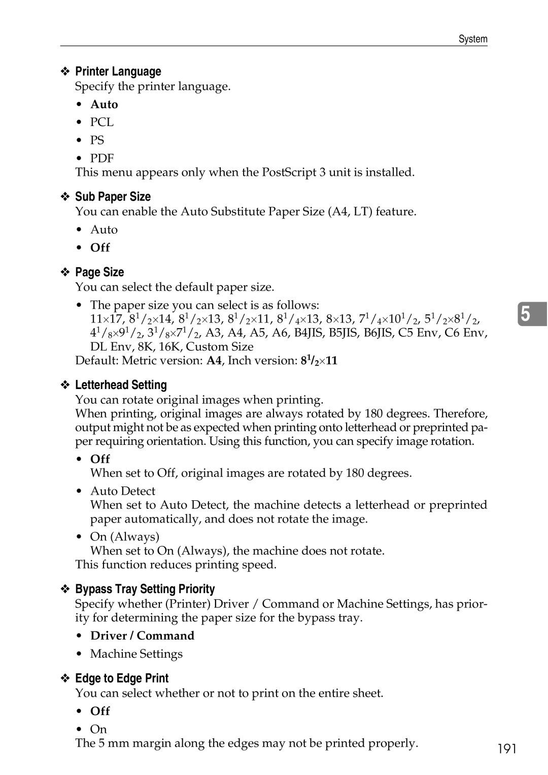 Ricoh LD435c operating instructions Printer Language, Sub Paper Size, Bypass Tray Setting Priority, Edge to Edge Print, 191 