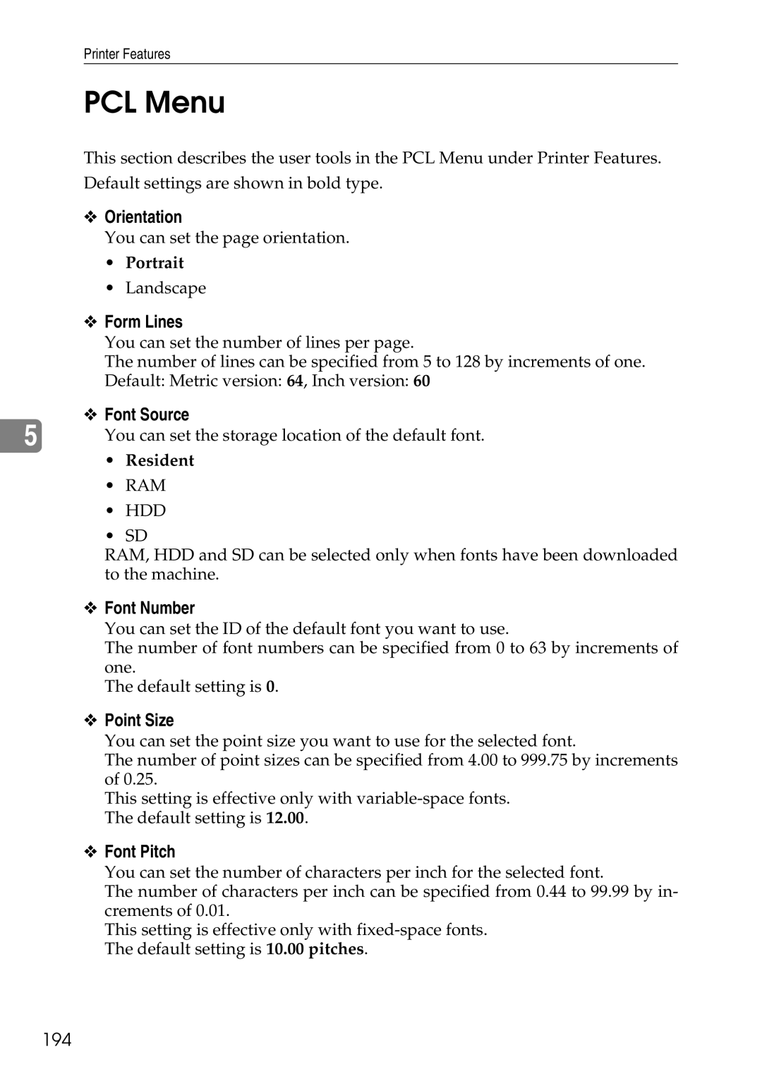 Ricoh LD435c operating instructions PCL Menu 