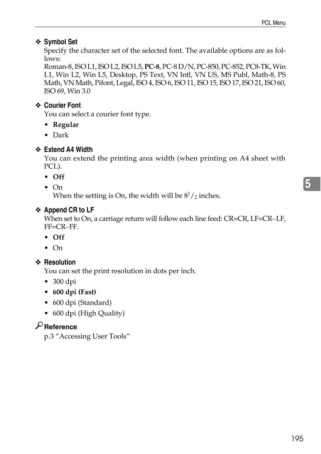 Ricoh LD435c operating instructions Symbol Set, Courier Font, Extend A4 Width, Append CR to LF, Resolution 