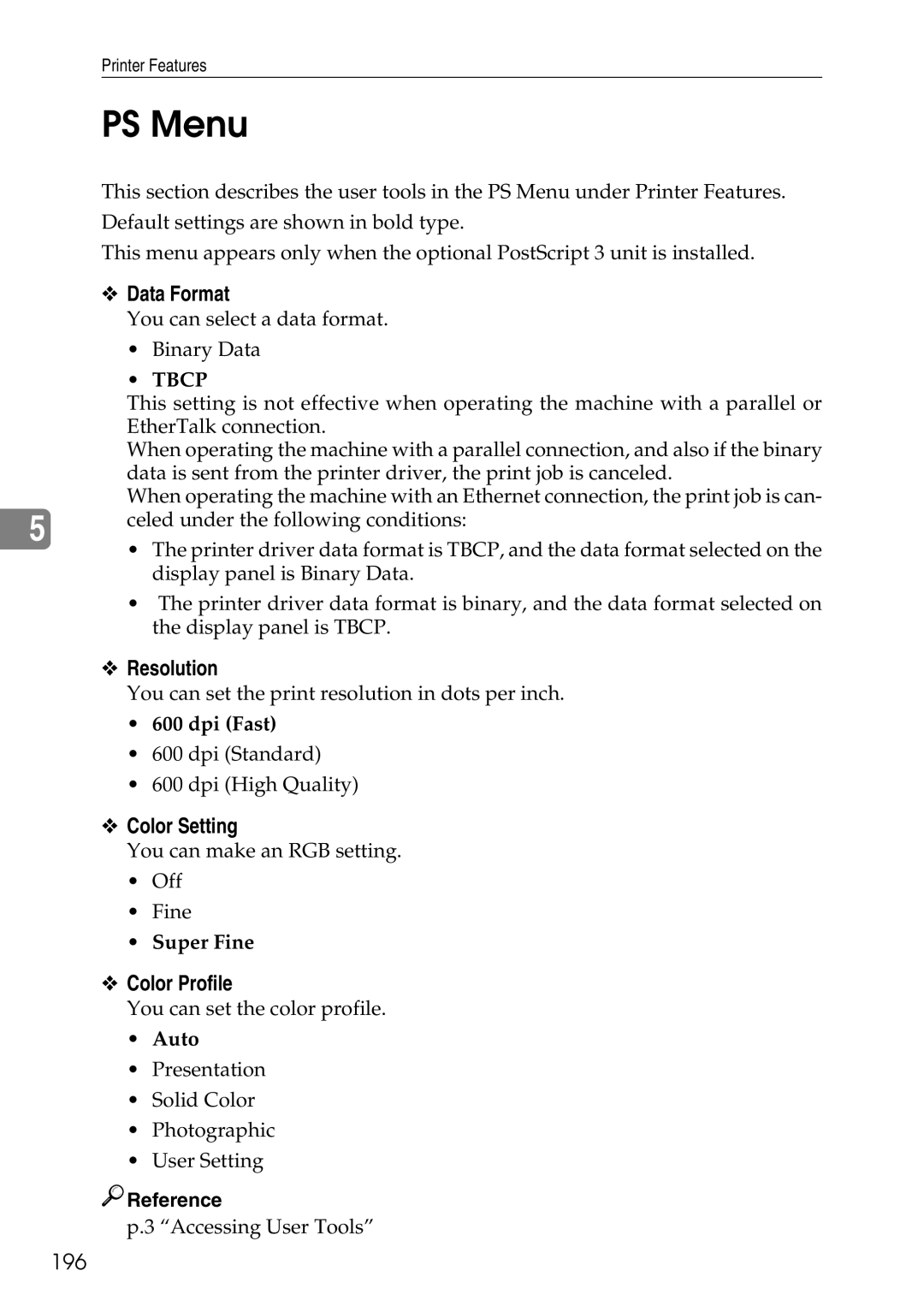 Ricoh LD435c operating instructions PS Menu, Data Format, Color Setting, Color Profile, 196 