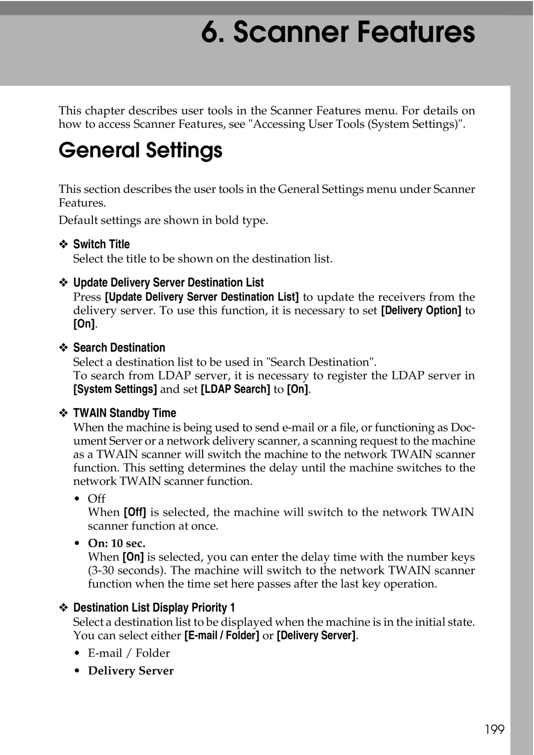 Ricoh LD435c operating instructions General Settings, Update Delivery Server Destination List, Twain Standby Time, 199 