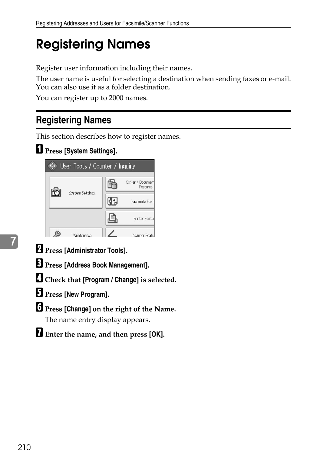 Ricoh LD435c operating instructions Registering Names, 210, Enter the name, and then press OK 