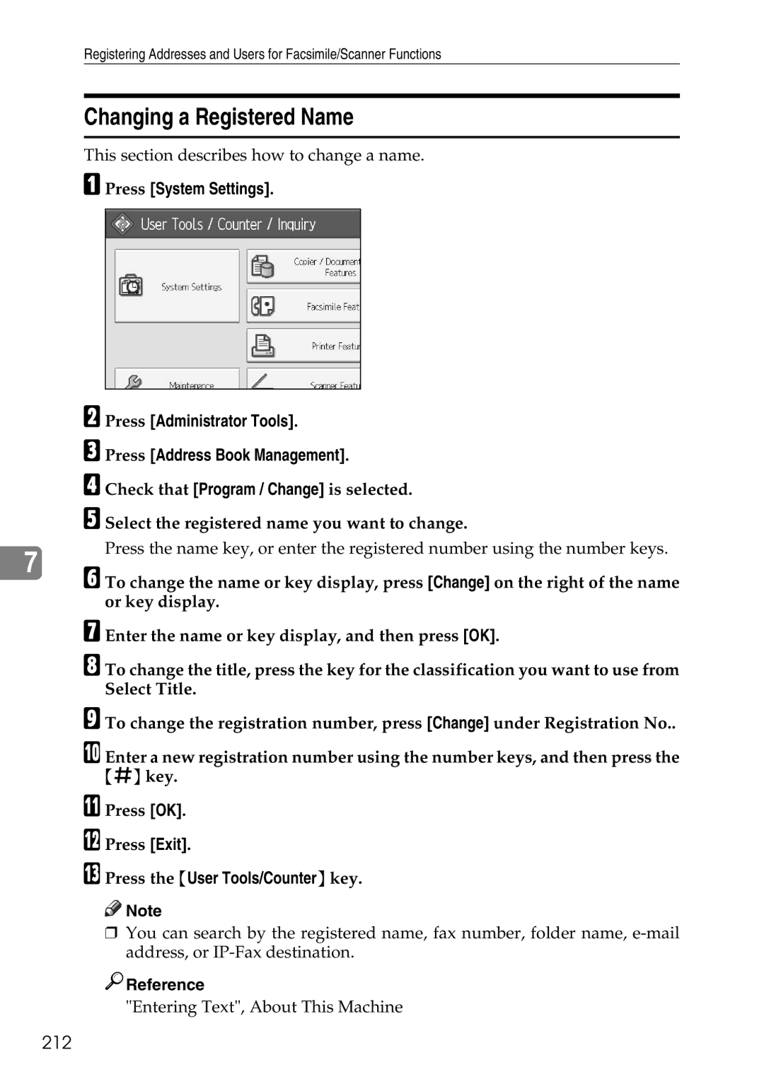 Ricoh LD435c operating instructions Changing a Registered Name, 212 