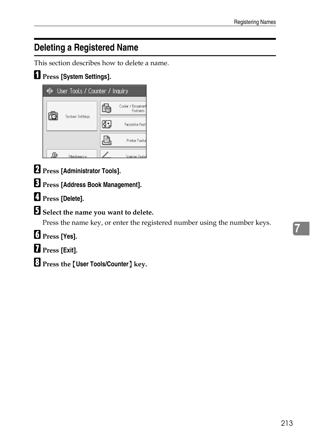 Ricoh LD435c Deleting a Registered Name, 213, Select the name you want to delete, Press Yes Press Exit 