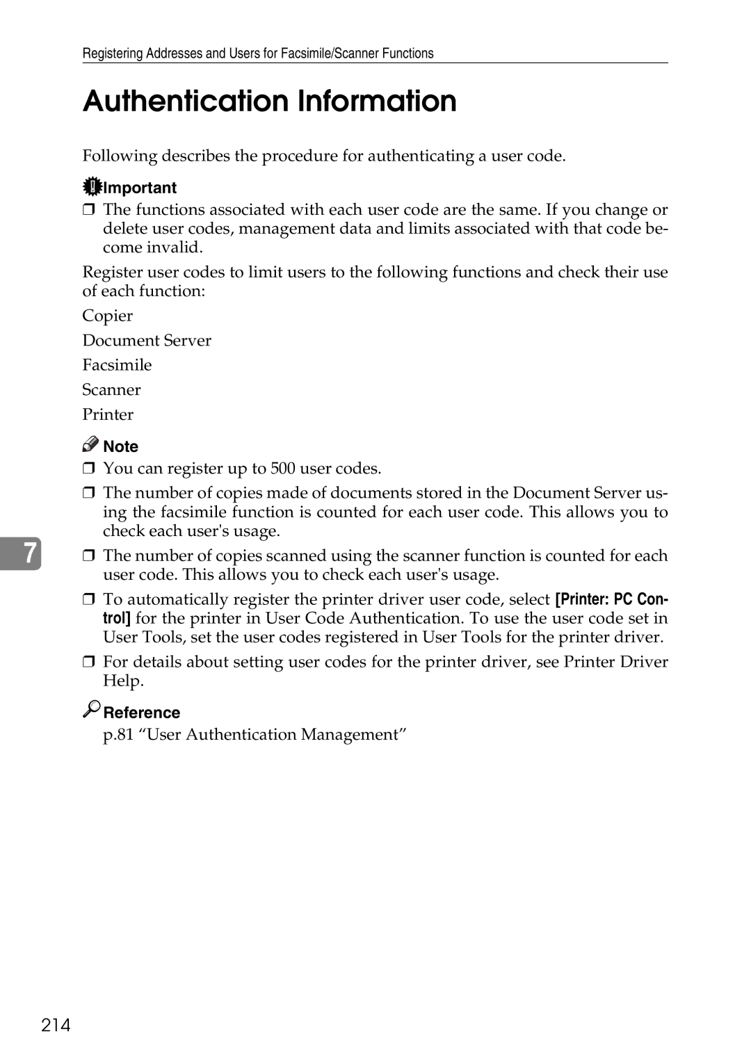 Ricoh LD435c operating instructions Authentication Information, 214 