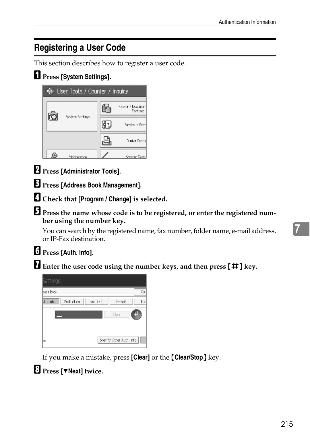 Ricoh LD435c operating instructions Registering a User Code, 215, Press Auth. Info 