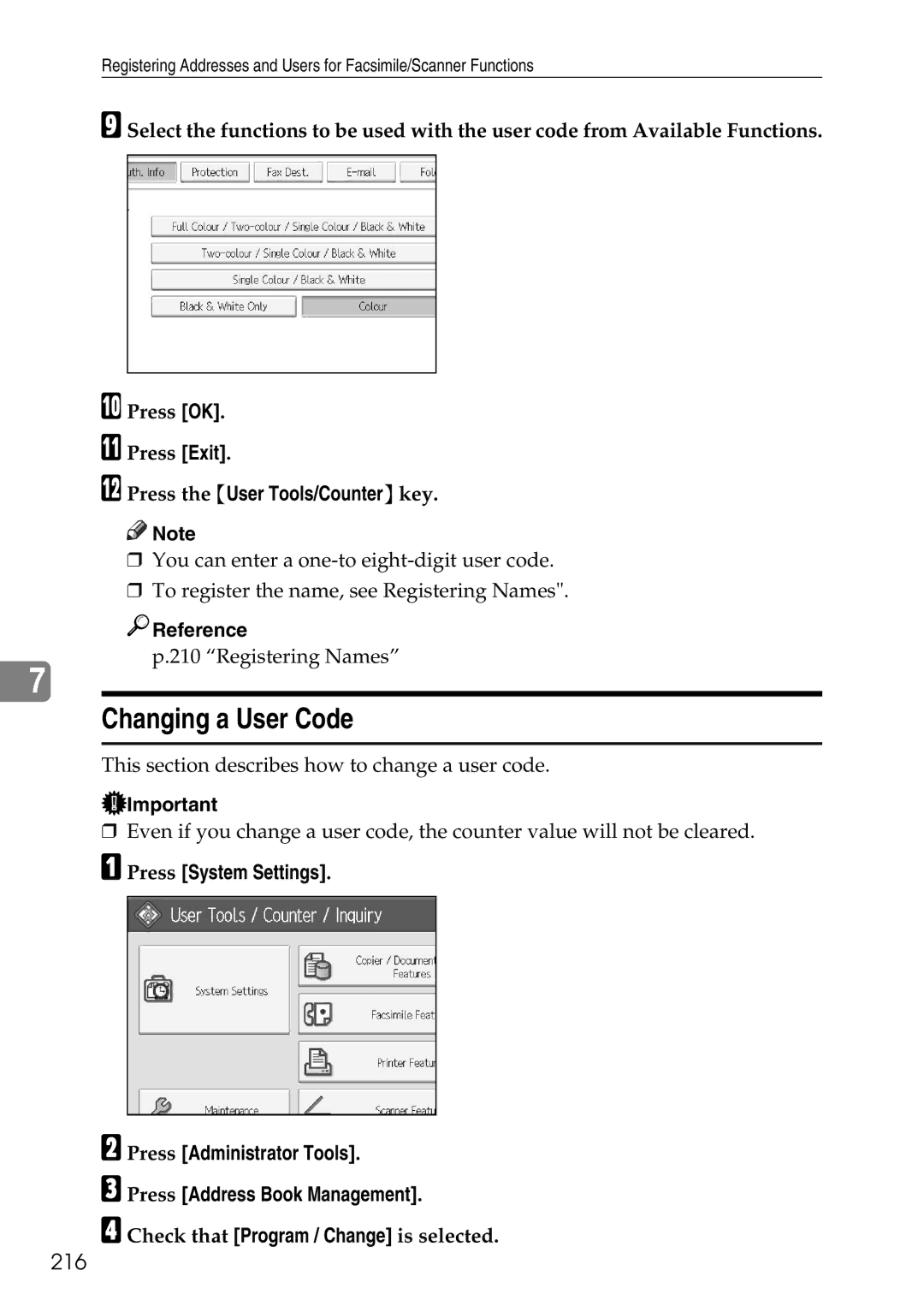 Ricoh LD435c operating instructions Changing a User Code, 216 