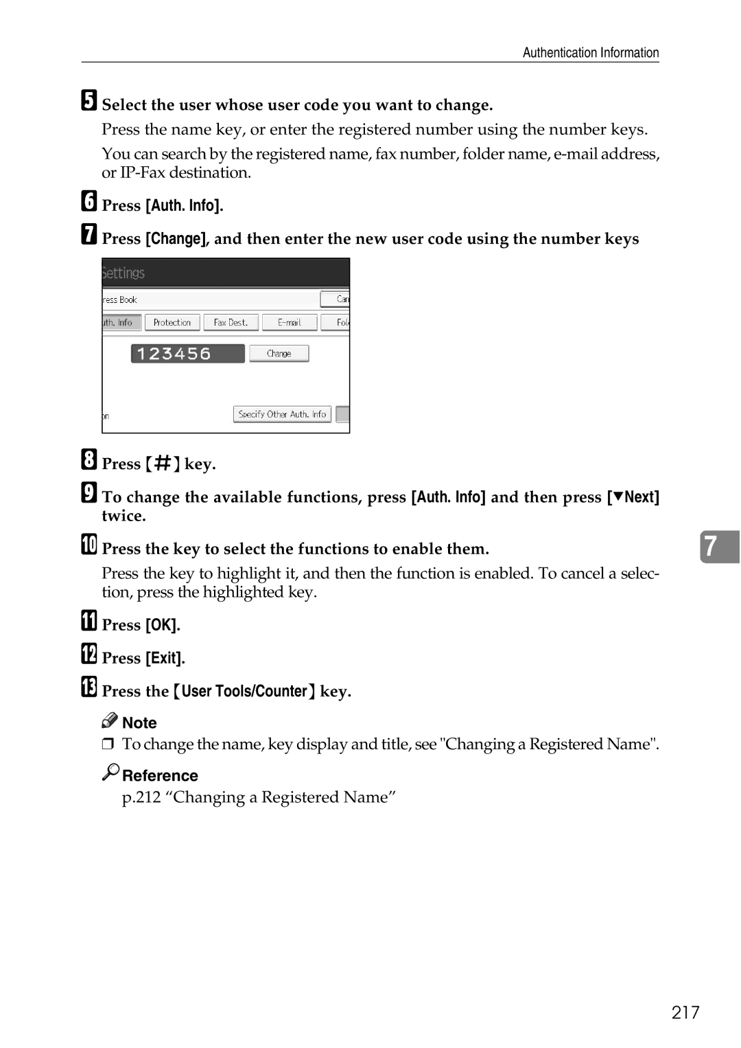 Ricoh LD435c operating instructions 217, Select the user whose user code you want to change 