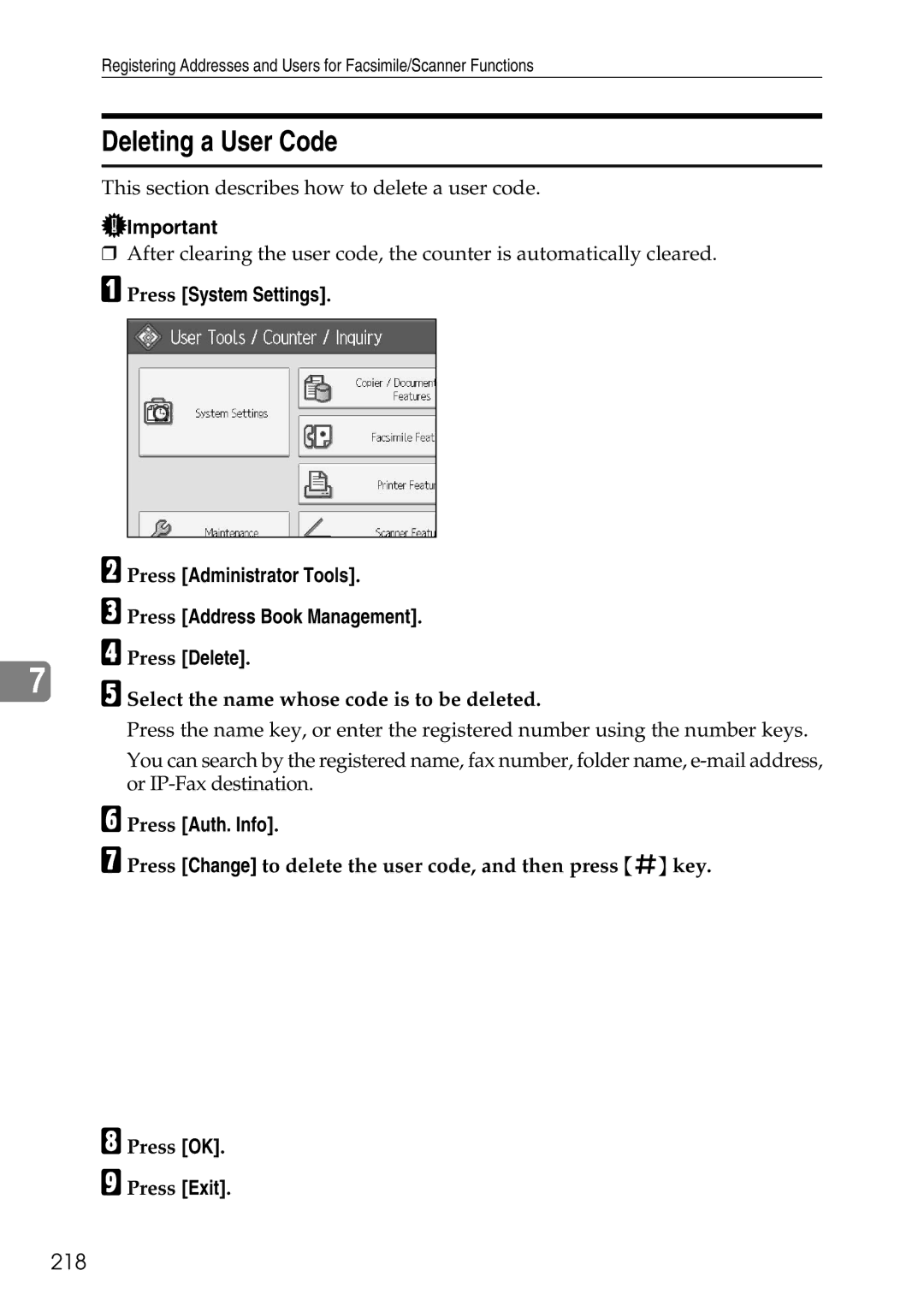 Ricoh LD435c operating instructions Deleting a User Code, 218, Select the name whose code is to be deleted 