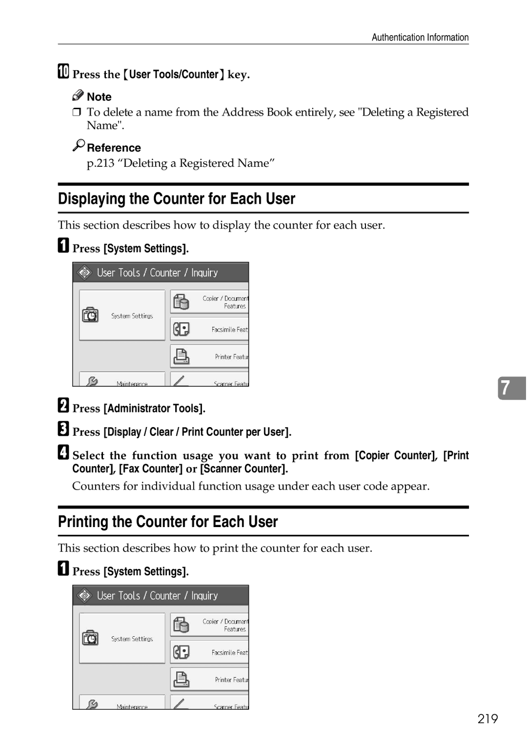 Ricoh LD435c operating instructions Displaying the Counter for Each User, Printing the Counter for Each User, 219 