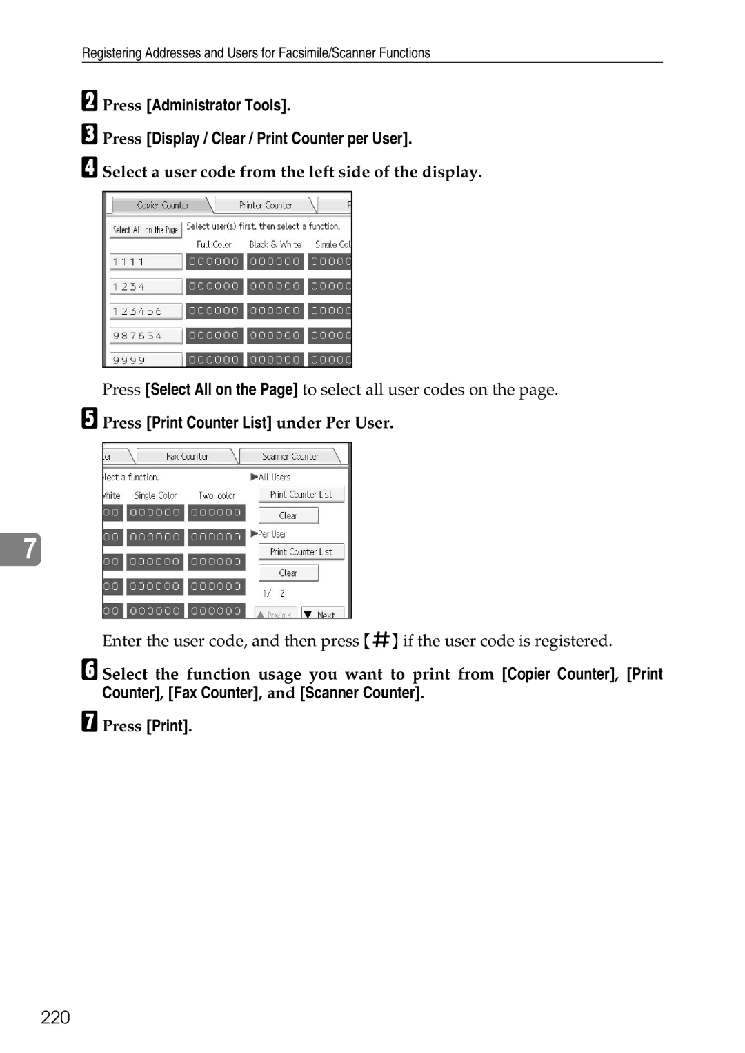 Ricoh LD435c 220, Select a user code from the left side of the display, Press Print Counter List under Per User 