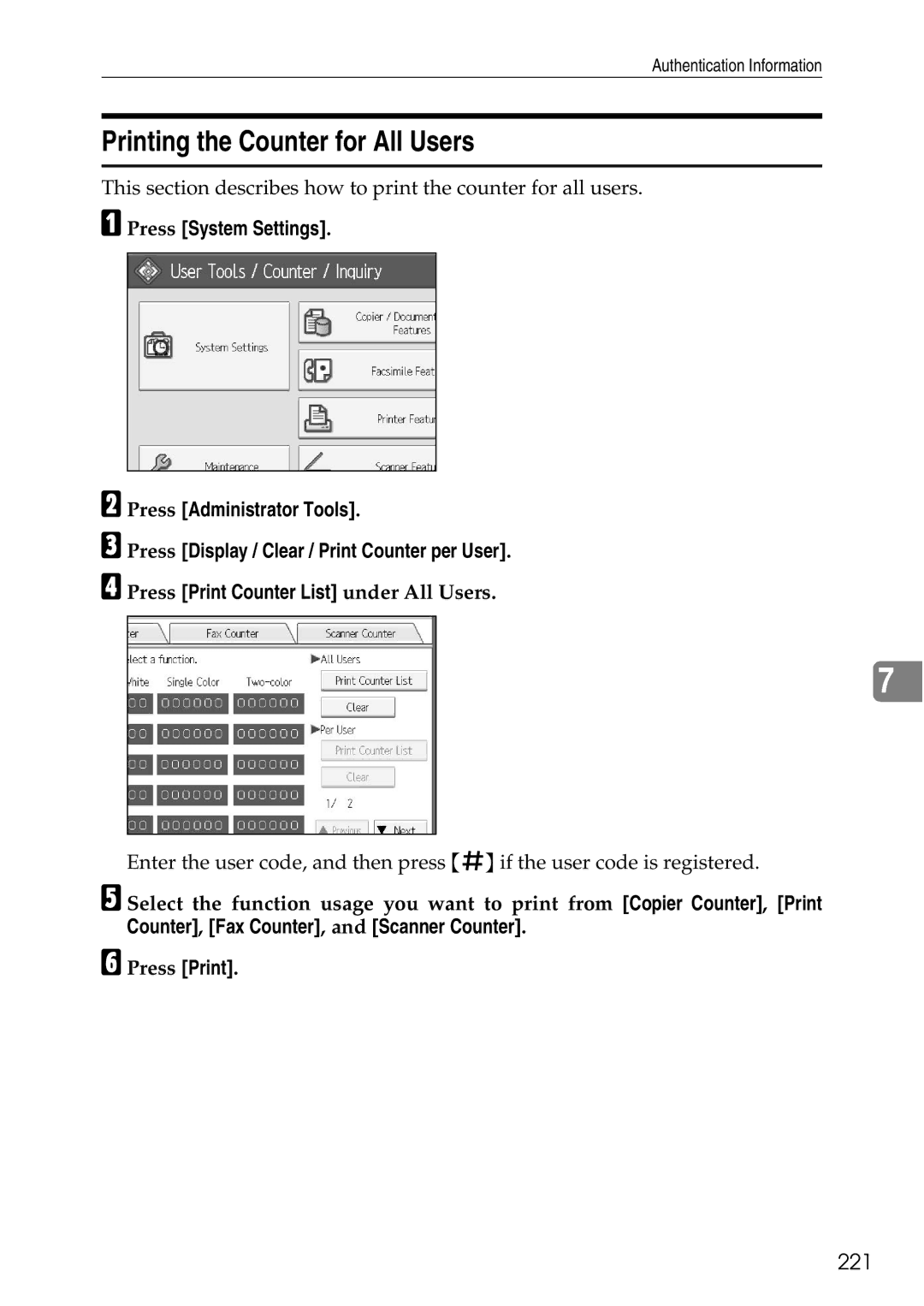 Ricoh LD435c operating instructions Printing the Counter for All Users, 221, Press Print Counter List under All Users 