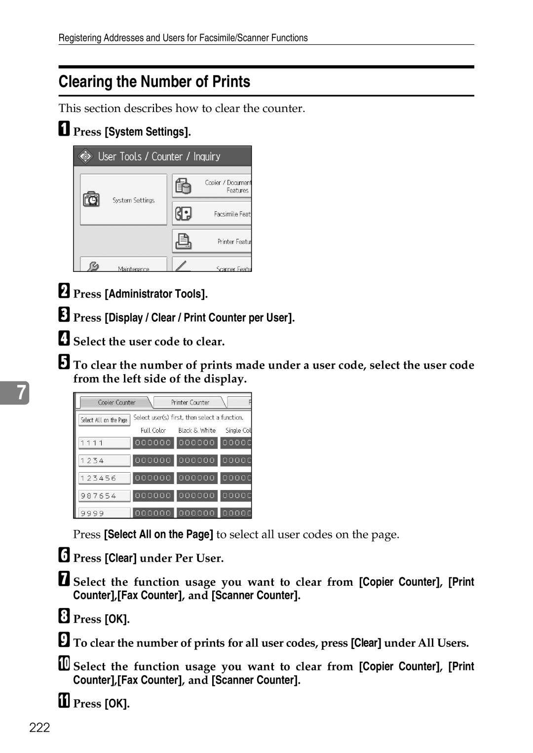 Ricoh LD435c operating instructions Clearing the Number of Prints, 222 