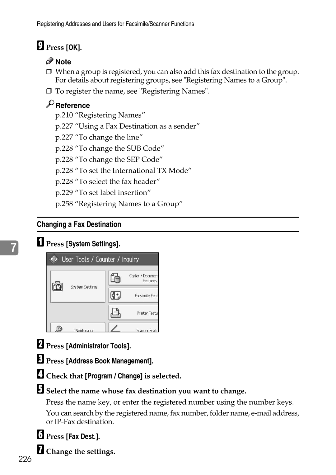 Ricoh LD435c operating instructions Changing a Fax Destination, 226, Change the settings 