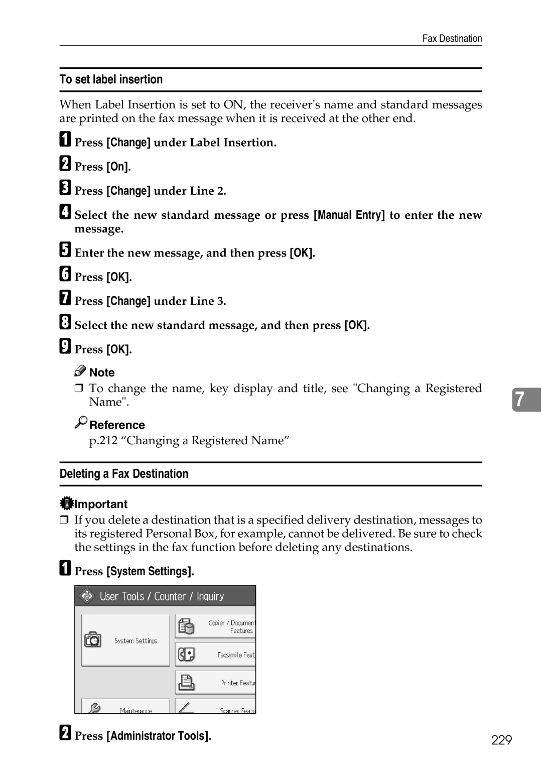 Ricoh LD435c To set label insertion, Deleting a Fax Destination, Press System Settings Press Administrator Tools 