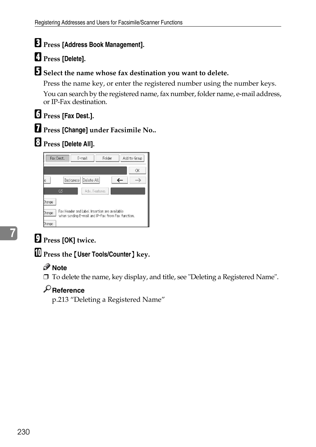 Ricoh LD435c 230, Press Address Book Management Press Delete, Select the name whose fax destination you want to delete 