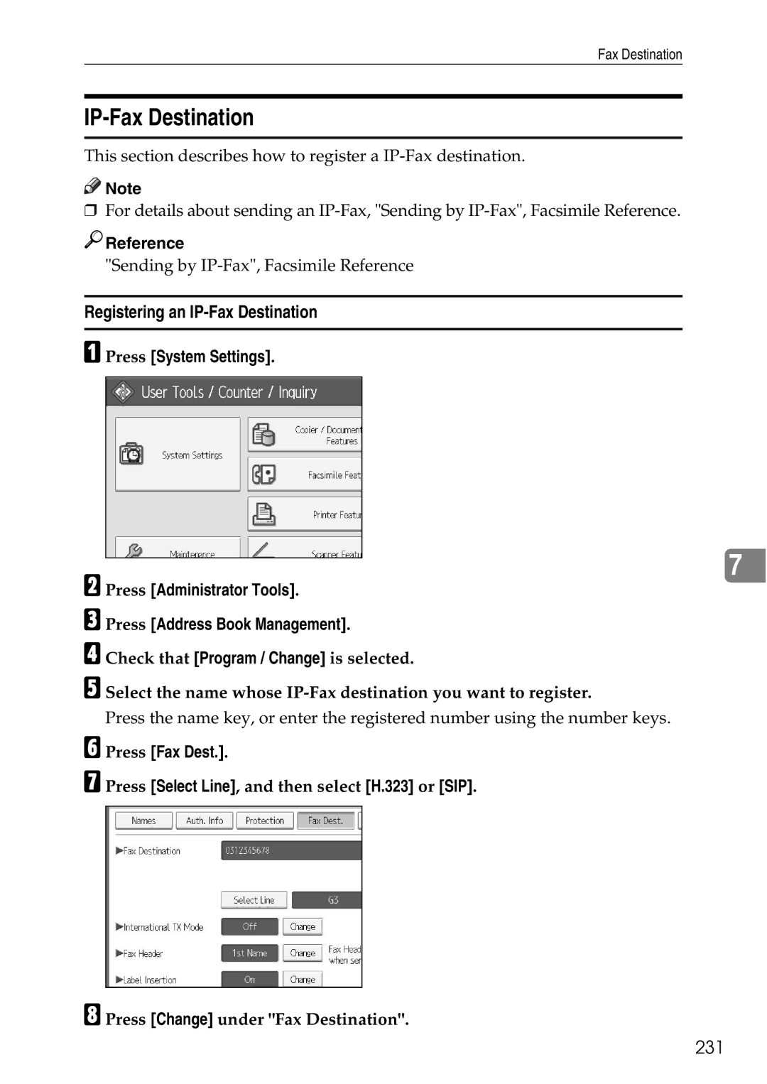 Ricoh LD435c operating instructions Registering an IP-Fax Destination, 231 