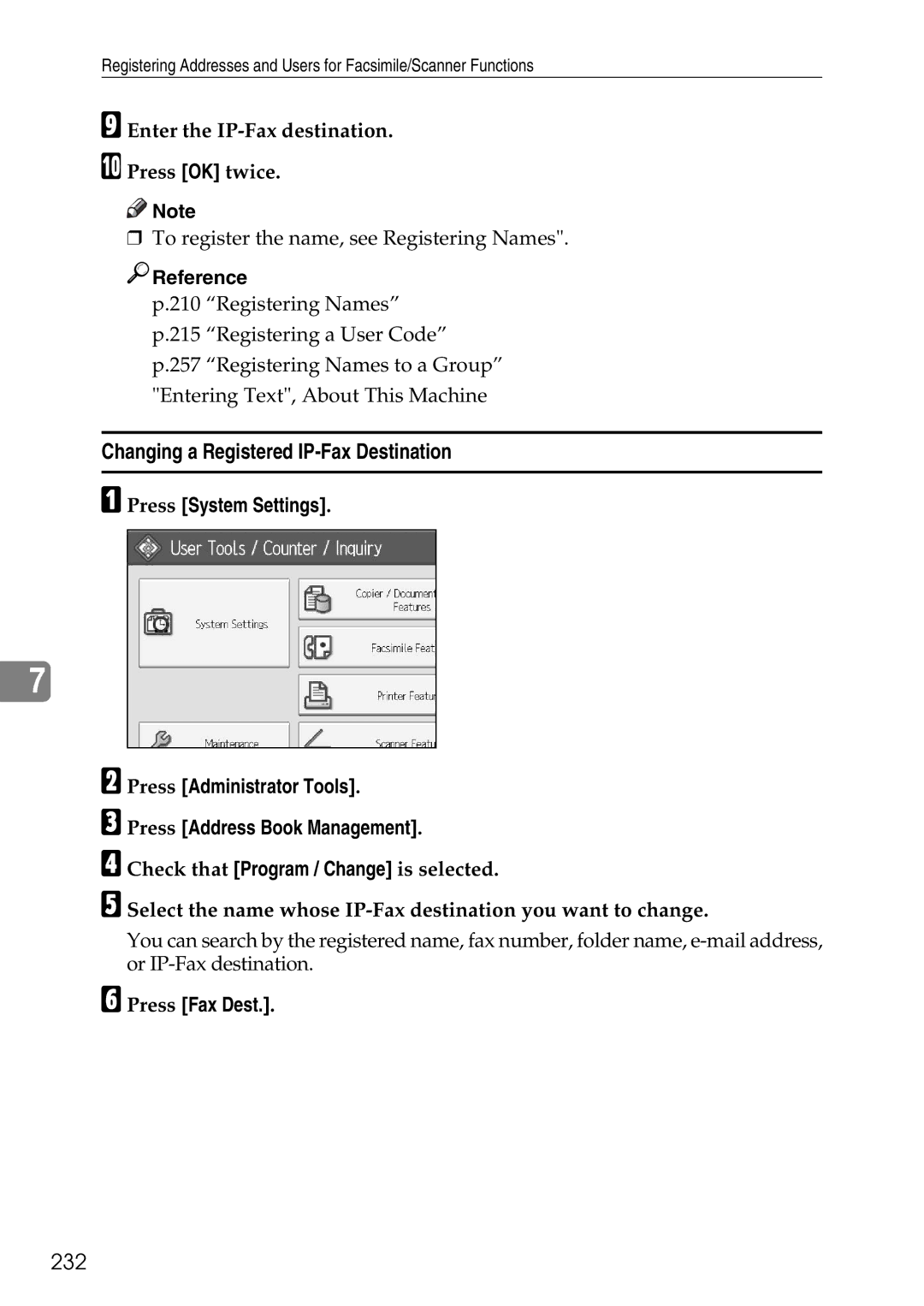 Ricoh LD435c Changing a Registered IP-Fax Destination, 232, Enter the IP-Fax destination Press OK twice 