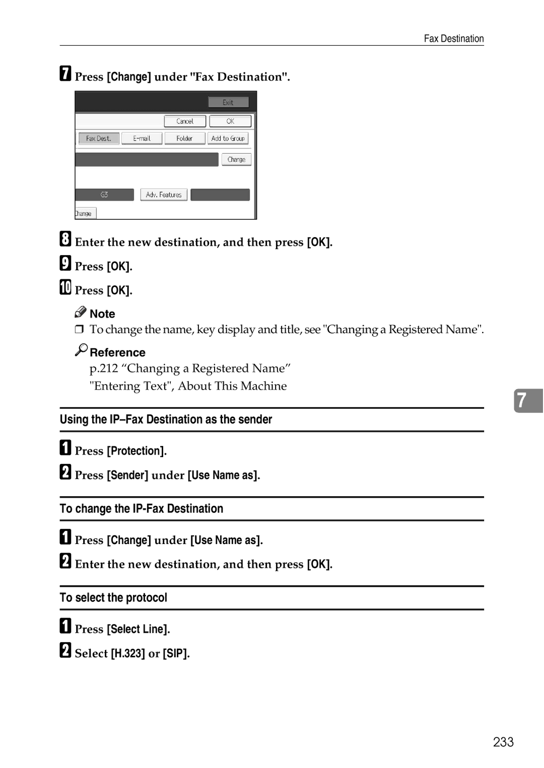 Ricoh LD435c Using the IP-Fax Destination as the sender, To change the IP-Fax Destination, To select the protocol, 233 