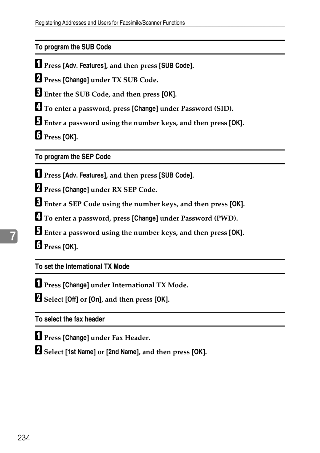 Ricoh LD435c operating instructions To program the SUB Code, To program the SEP Code, 234 