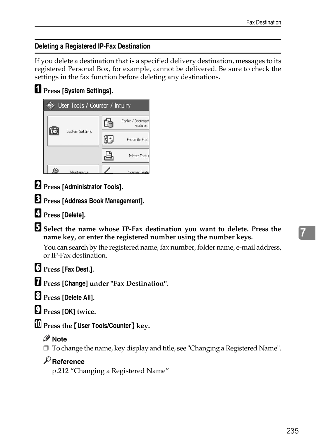 Ricoh LD435c operating instructions Deleting a Registered IP-Fax Destination, 235 