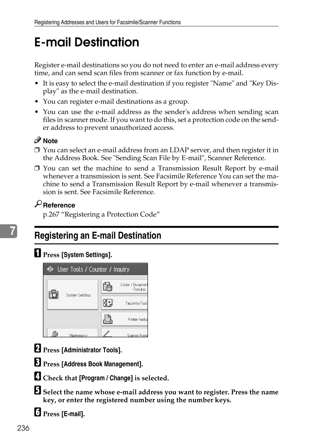 Ricoh LD435c operating instructions Mail Destination, 236, Press E-mail 