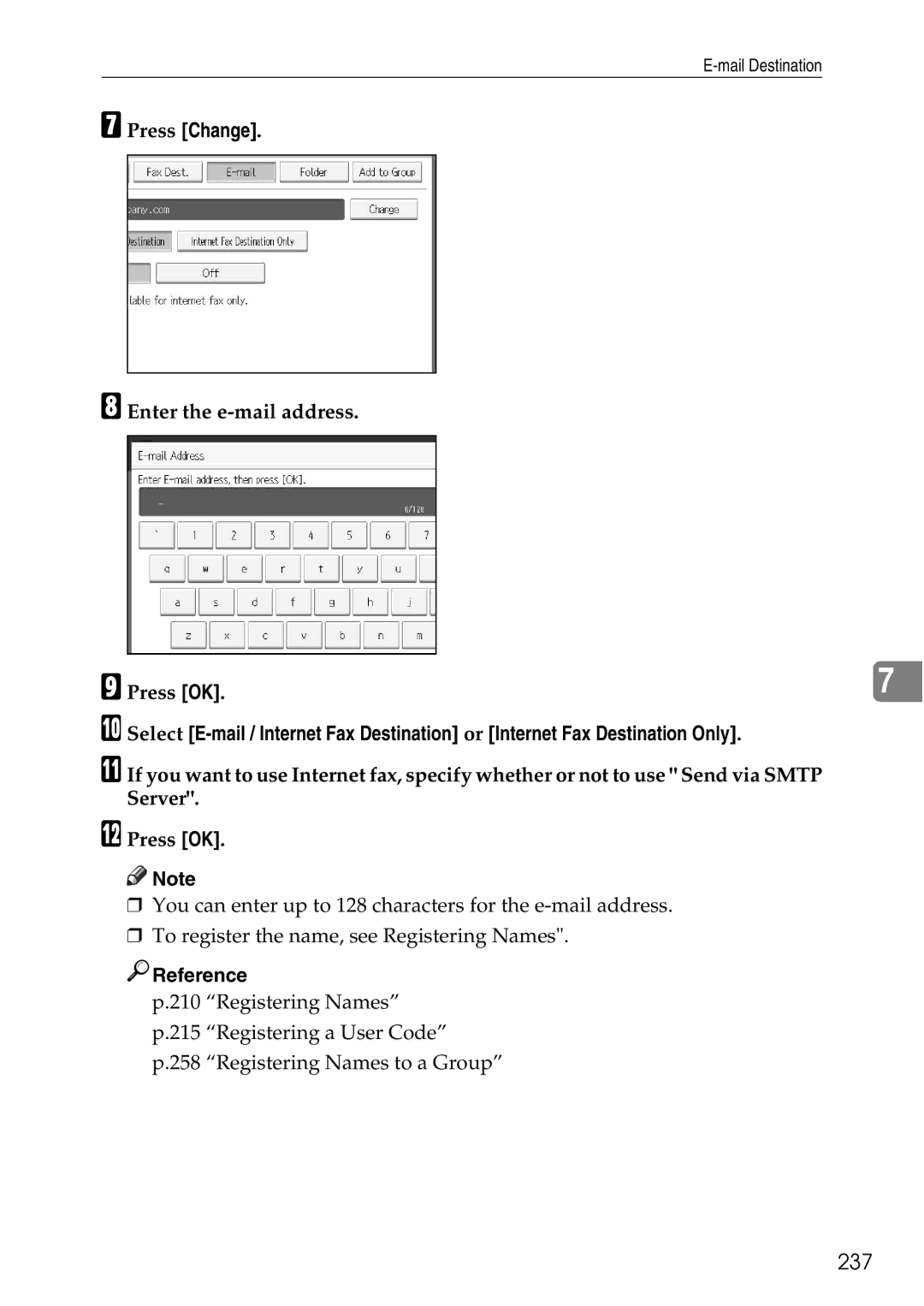 Ricoh LD435c operating instructions 237, Enter the e-mail address Press OK 