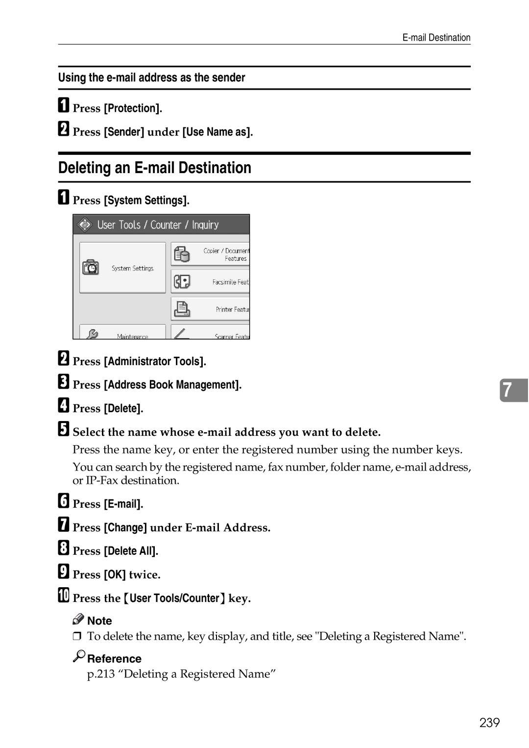 Ricoh LD435c operating instructions Deleting an E-mail Destination, Using the e-mail address as the sender, 239 