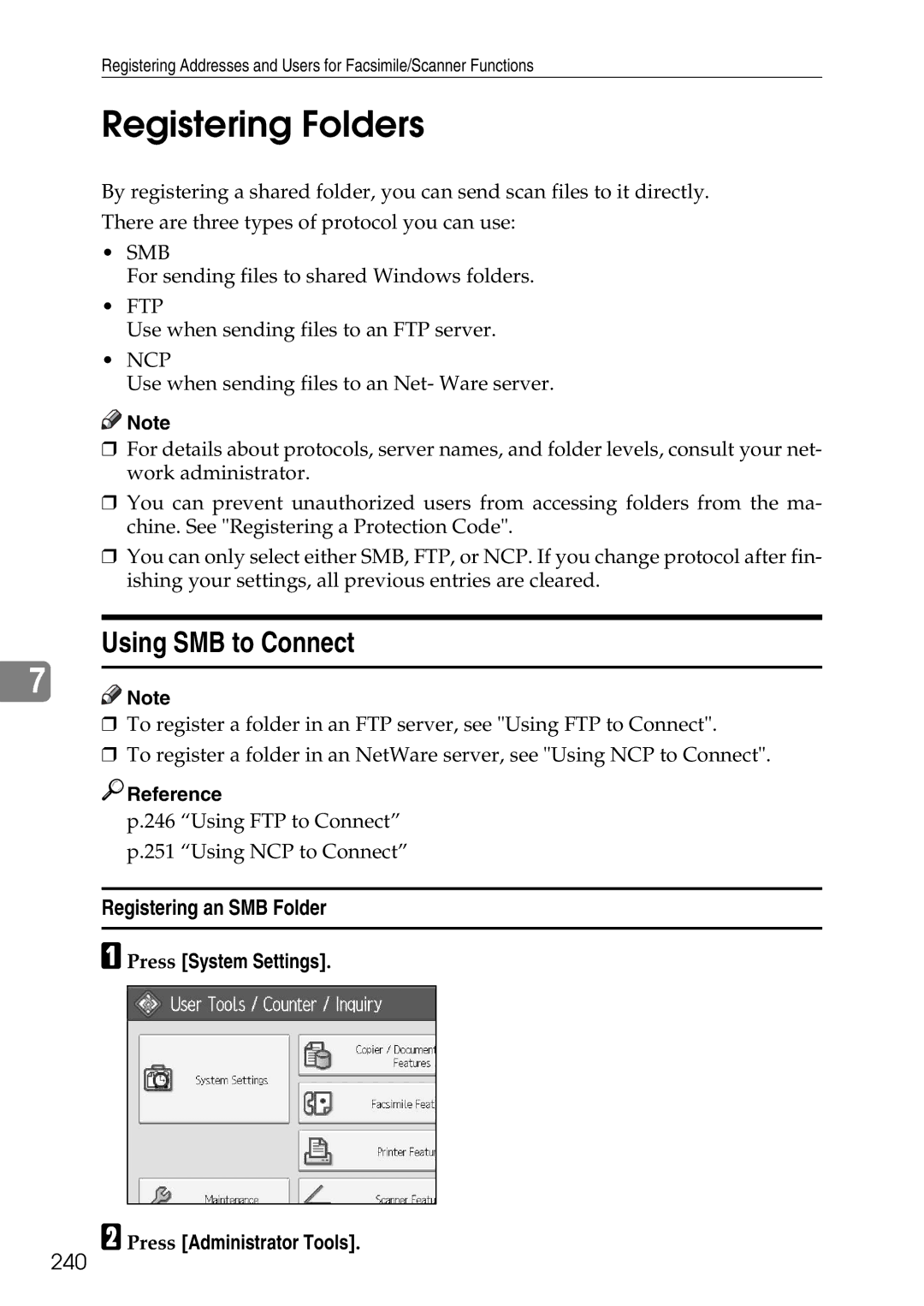 Ricoh LD435c operating instructions Registering Folders, Using SMB to Connect, Registering an SMB Folder, 240 