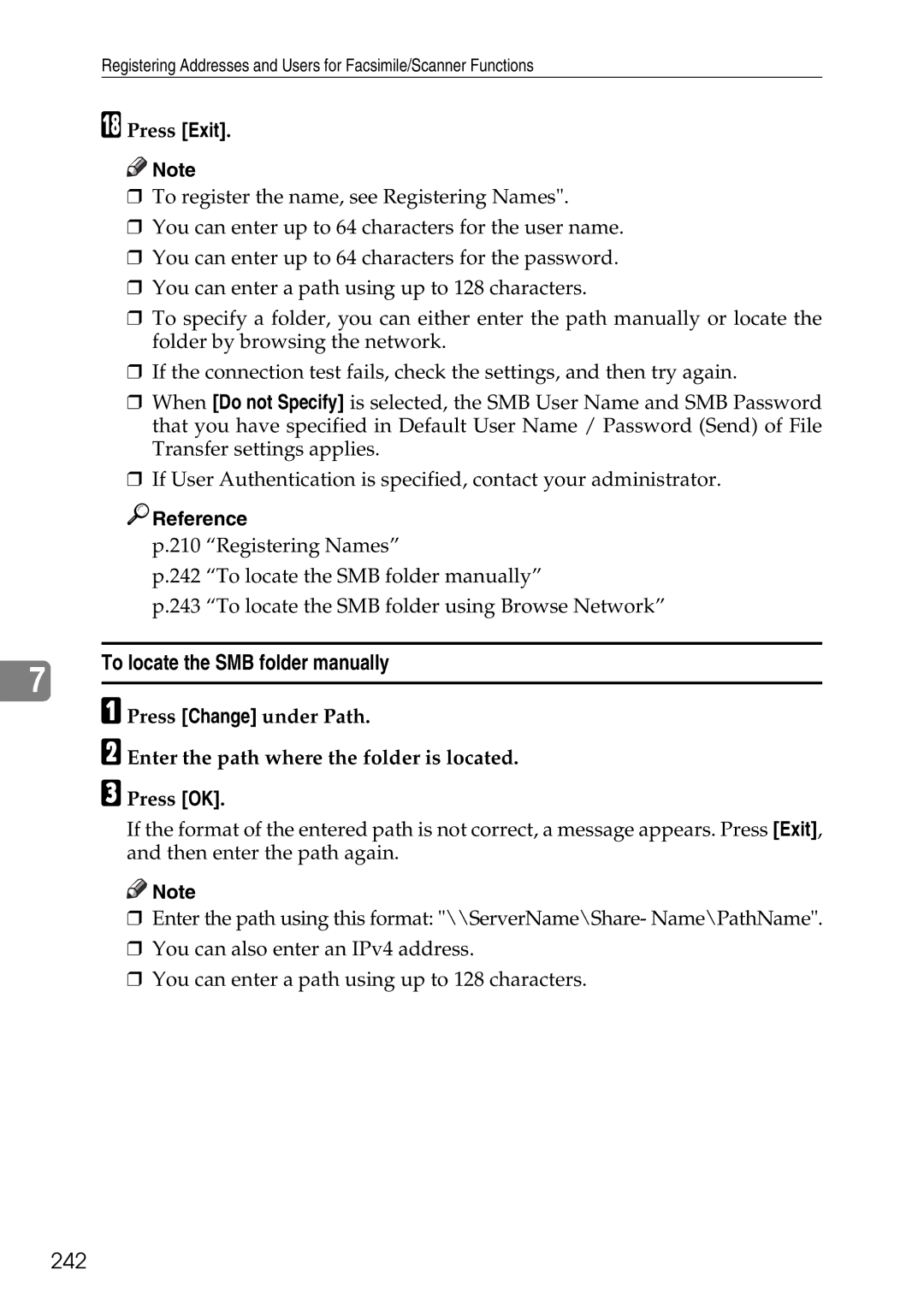 Ricoh LD435c operating instructions To locate the SMB folder manually, 242 